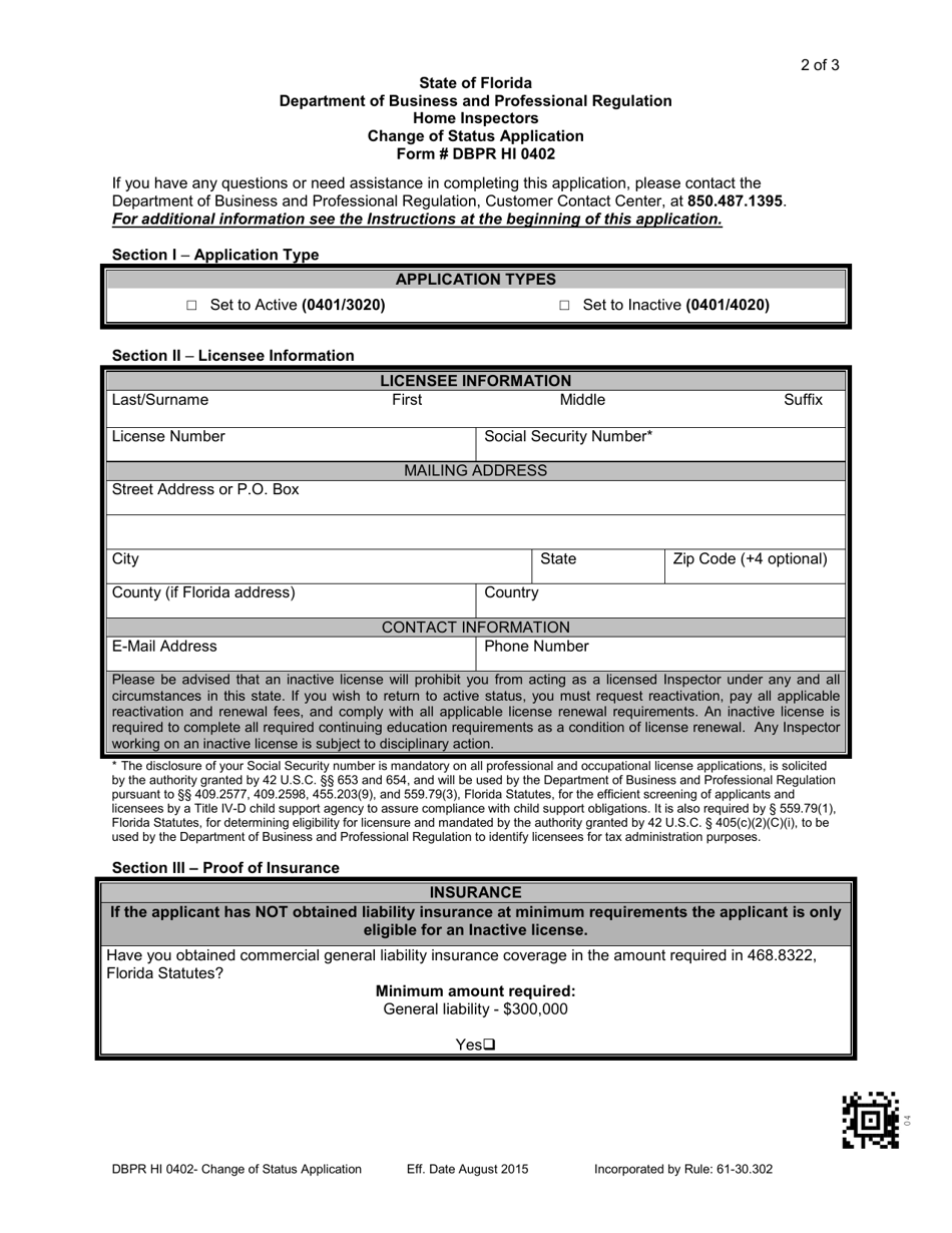 Form DBPR HI0402 Change of Status Application - Florida, Page 2