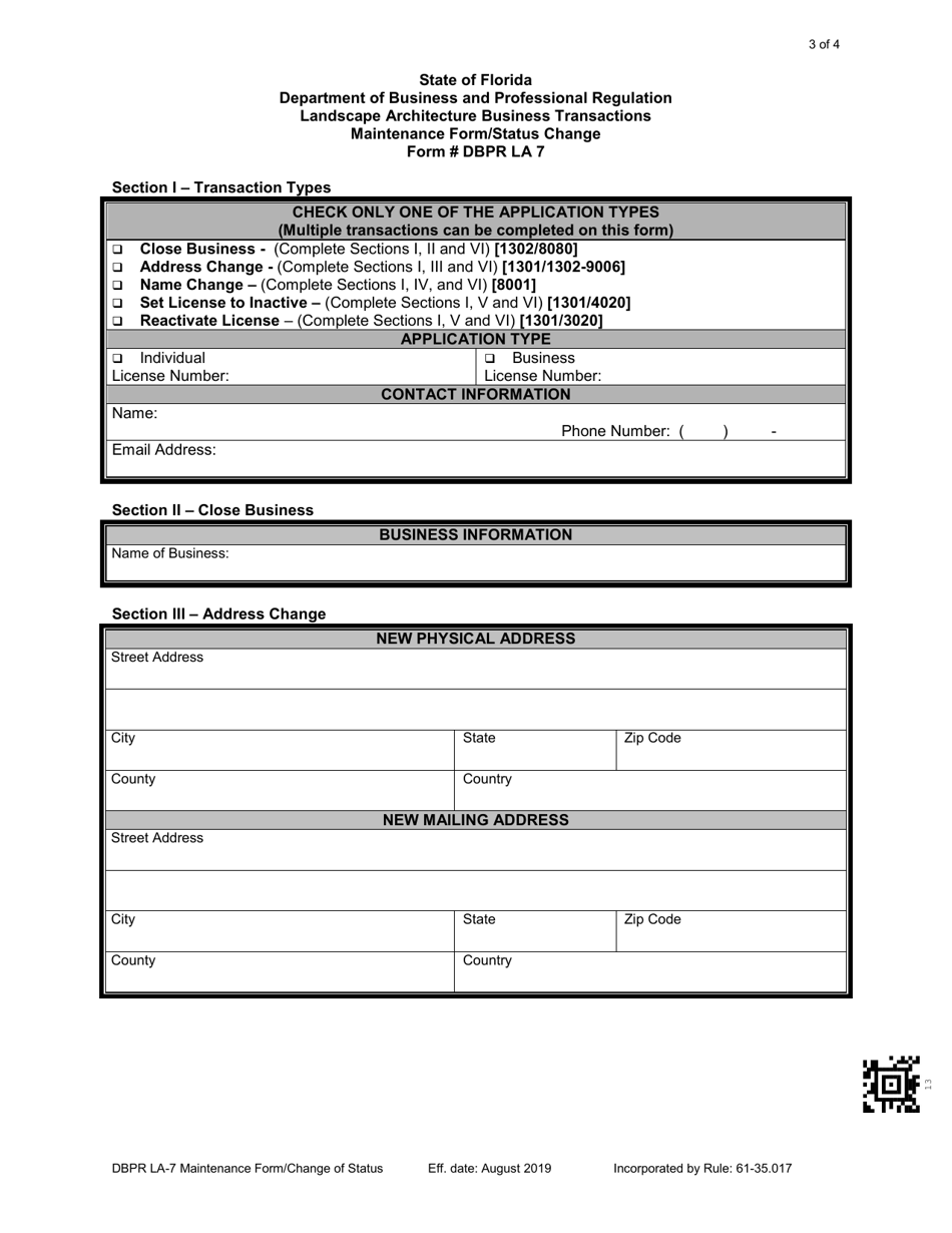 Form DBPR LA7 Maintenance Form / Status Change - Florida, Page 3