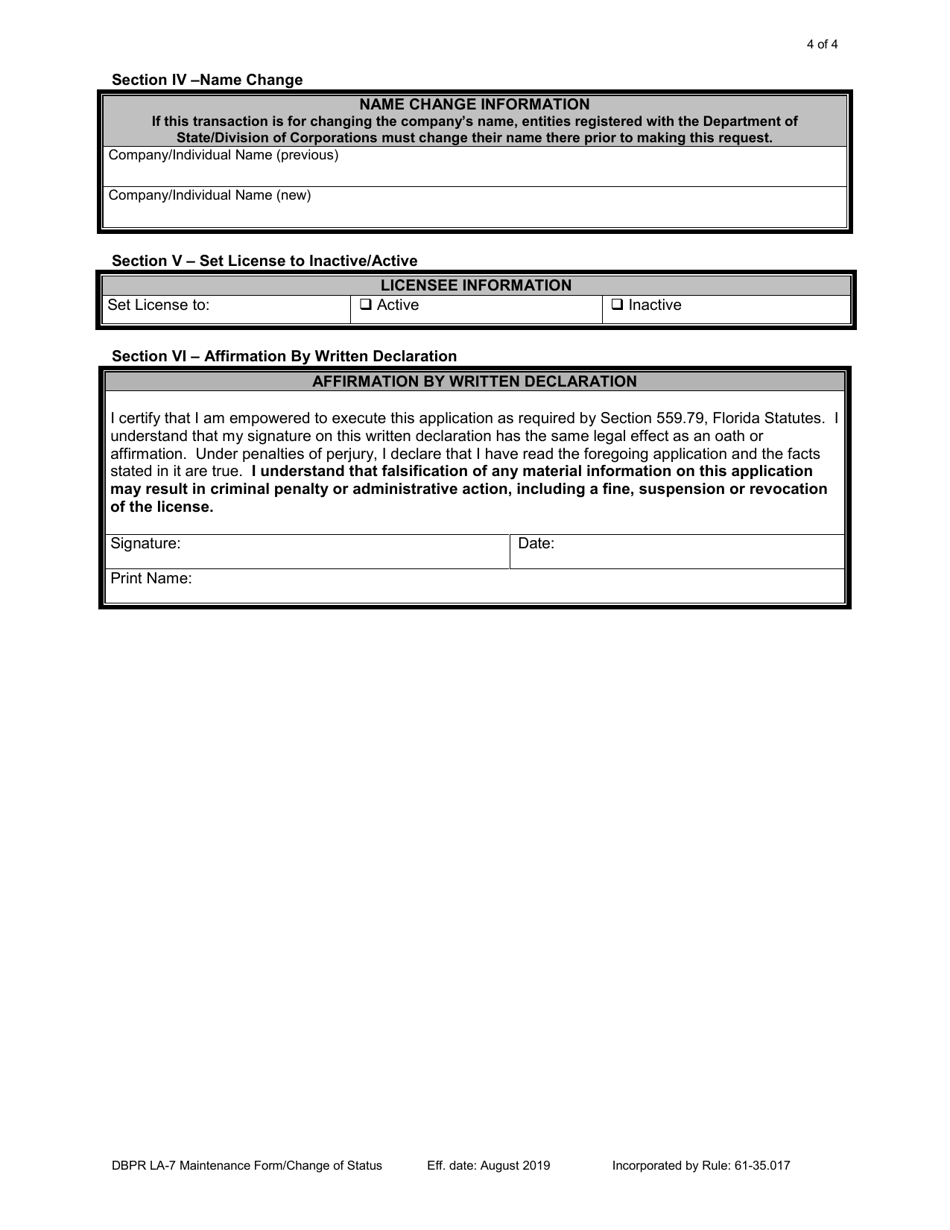 Form DBPR LA7 Maintenance Form / Status Change - Florida, Page 4