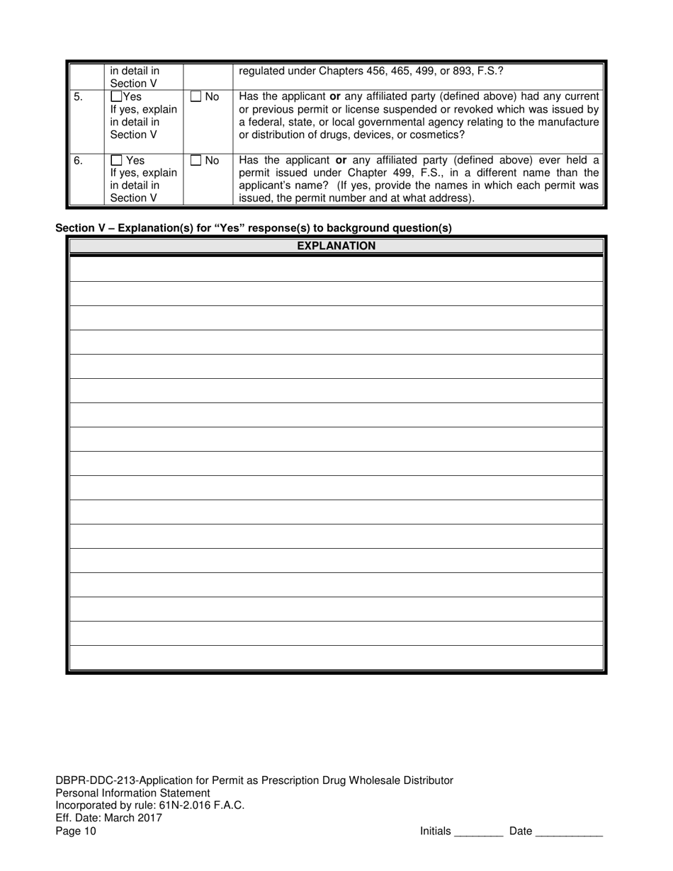 Form DBPR-DDC-213 Application for Permit as a Prescription Drug Wholesale Distributor - Florida, Page 10