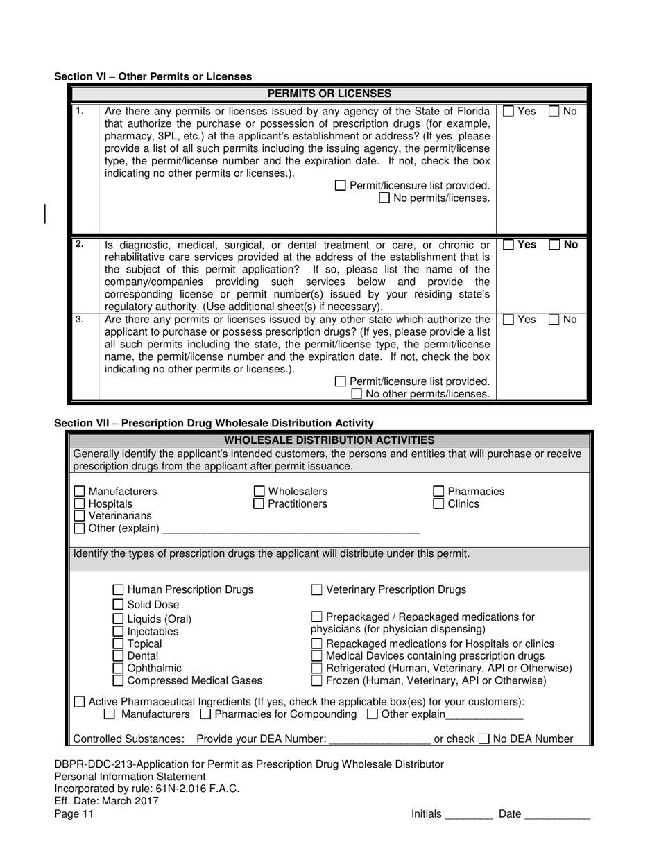 Form DBPR-DDC-213 Application for Permit as a Prescription Drug Wholesale Distributor - Florida, Page 11