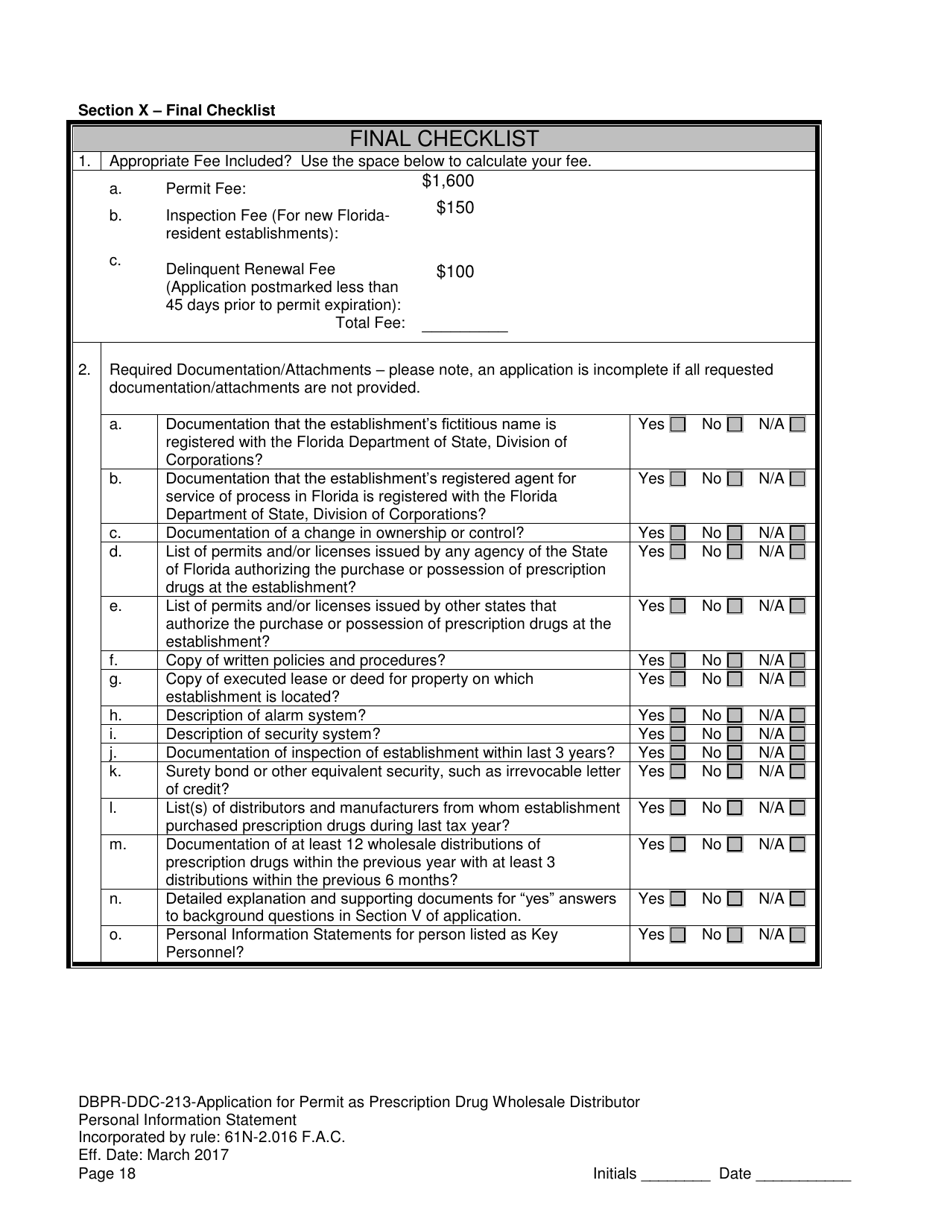 Form DBPR-DDC-213 Application for Permit as a Prescription Drug Wholesale Distributor - Florida, Page 18