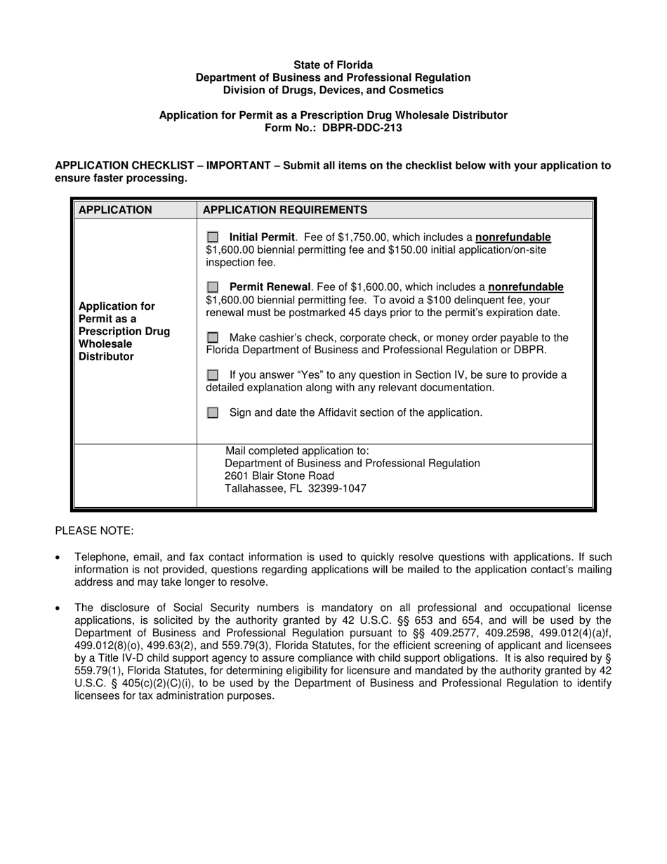 Form DBPR-DDC-213 Application for Permit as a Prescription Drug Wholesale Distributor - Florida, Page 1