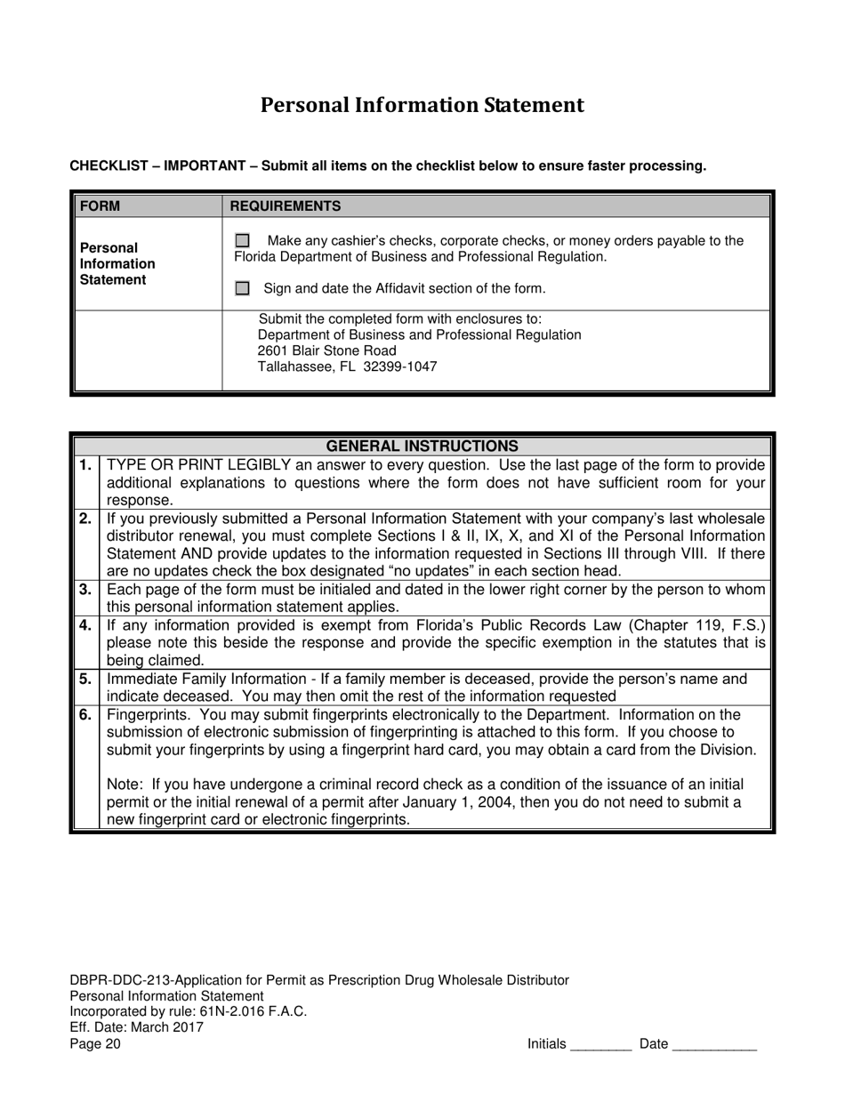 Form DBPR-DDC-213 Application for Permit as a Prescription Drug Wholesale Distributor - Florida, Page 20