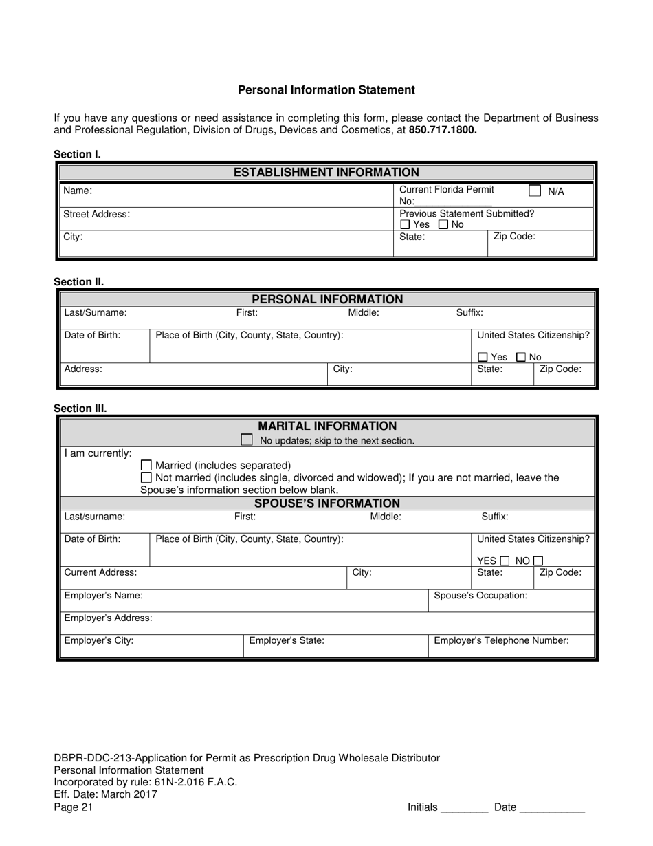 Form DBPR-DDC-213 Application for Permit as a Prescription Drug Wholesale Distributor - Florida, Page 21
