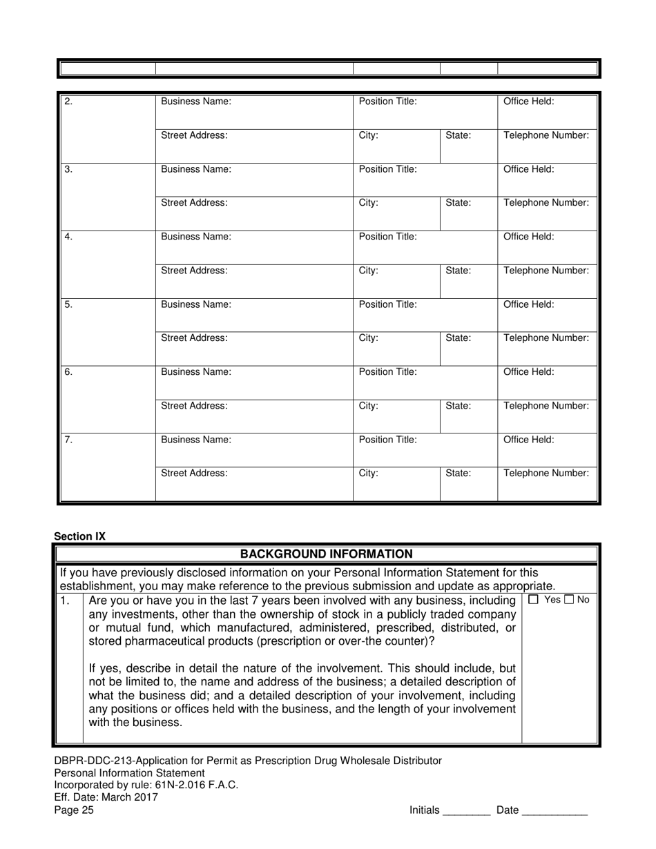 Form DBPR-DDC-213 Application for Permit as a Prescription Drug Wholesale Distributor - Florida, Page 25