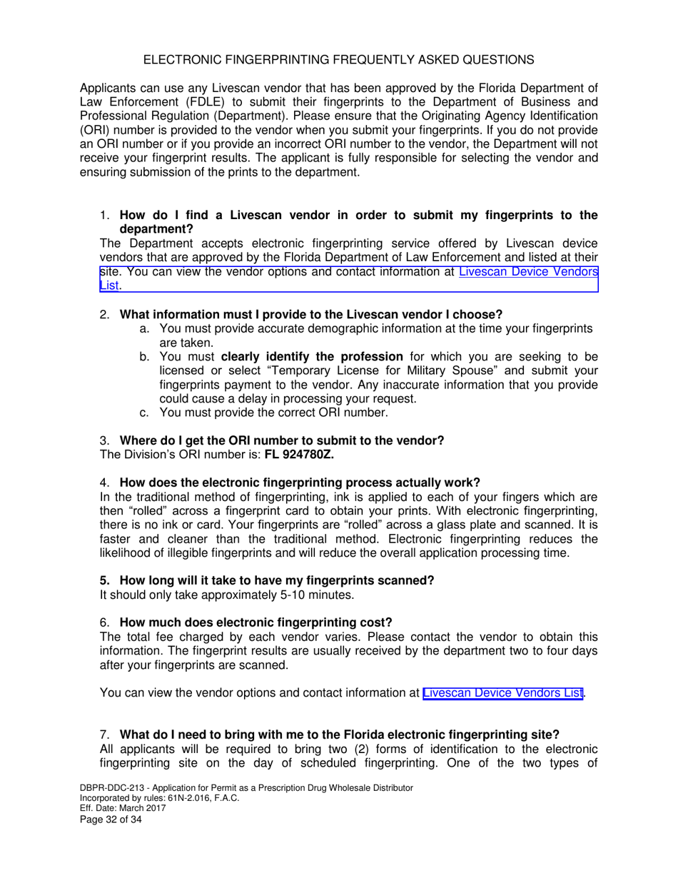 Form DBPR-DDC-213 Application for Permit as a Prescription Drug Wholesale Distributor - Florida, Page 32