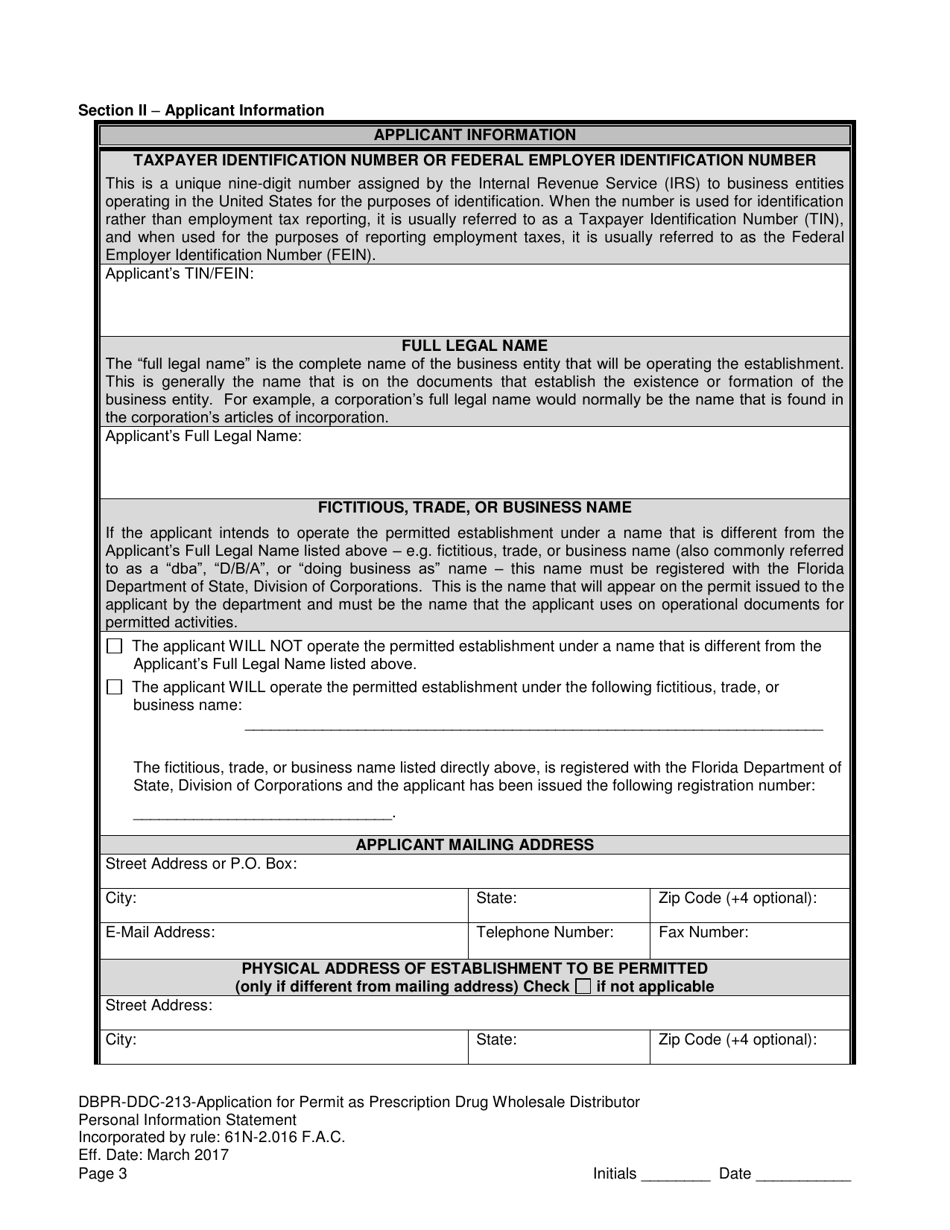 Form DBPR-DDC-213 Application for Permit as a Prescription Drug Wholesale Distributor - Florida, Page 3