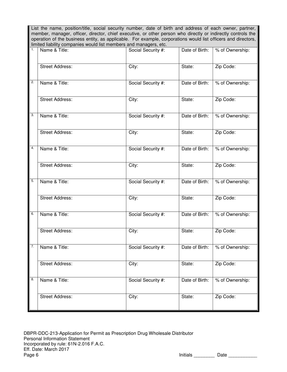 Form DBPR-DDC-213 Application for Permit as a Prescription Drug Wholesale Distributor - Florida, Page 6