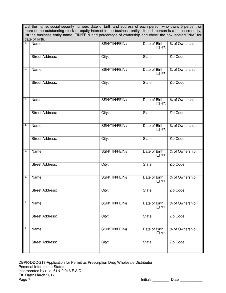 Form DBPR-DDC-213 Application for Permit as a Prescription Drug Wholesale Distributor - Florida, Page 7