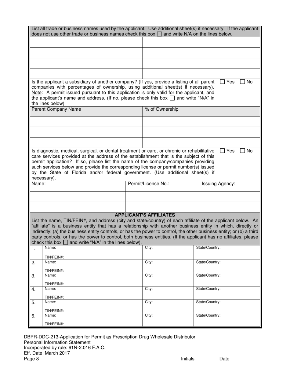 Form DBPR-DDC-213 Application for Permit as a Prescription Drug Wholesale Distributor - Florida, Page 8