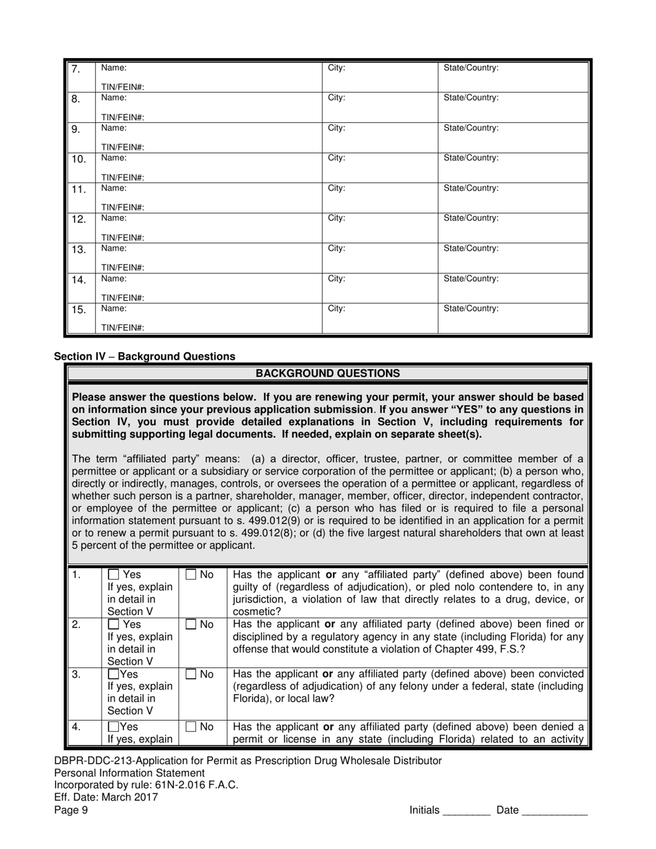 Form DBPR-DDC-213 Application for Permit as a Prescription Drug Wholesale Distributor - Florida, Page 9