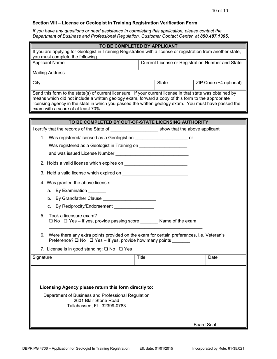 Form DBPR PG4706 Application for Geologist in Training - Florida, Page 10