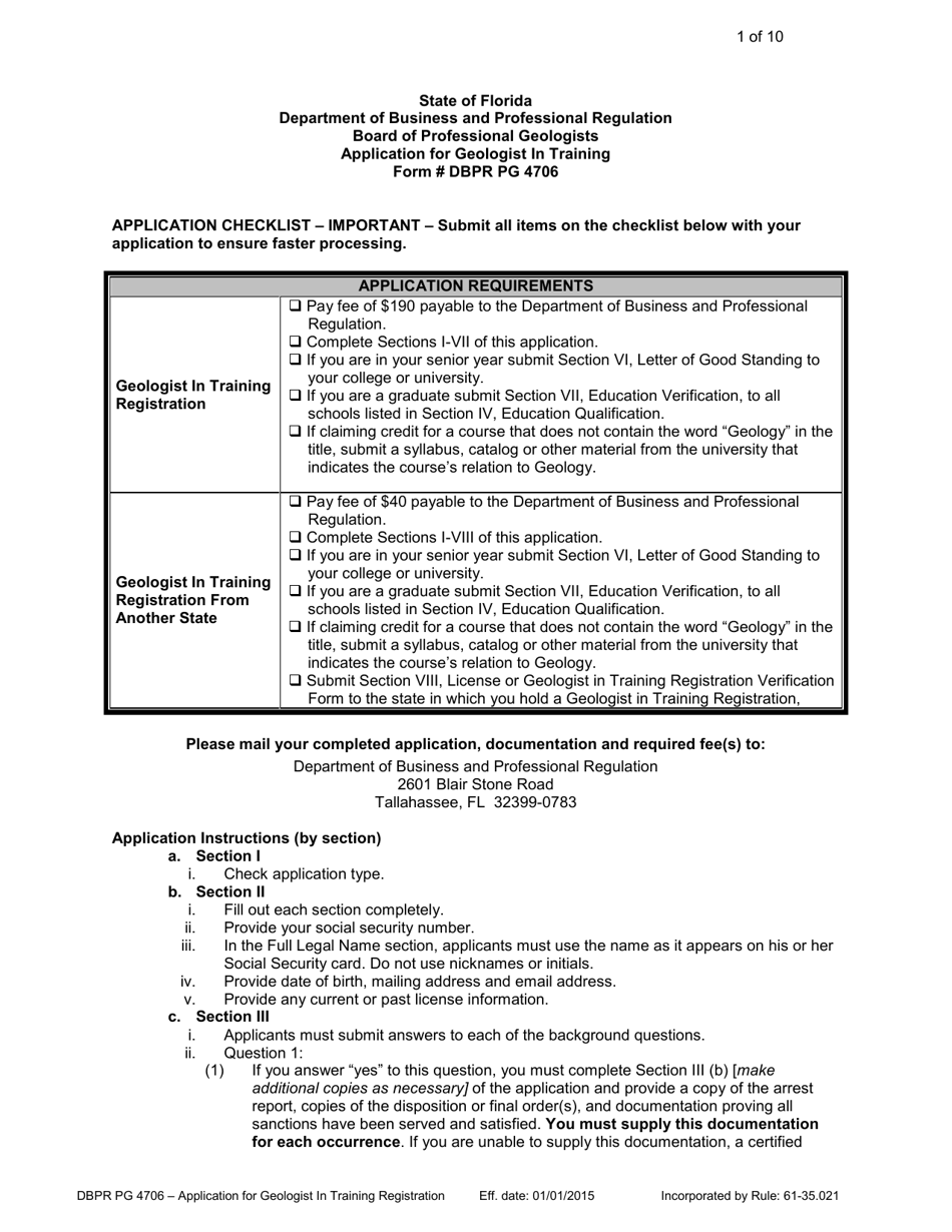 Form DBPR PG4706 Application for Geologist in Training - Florida, Page 1