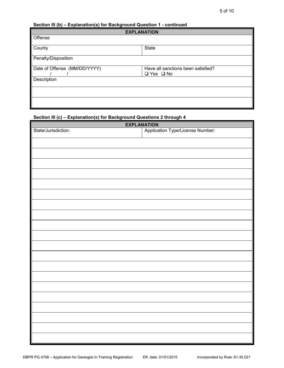 Form DBPR PG4706 Application for Geologist in Training - Florida, Page 5