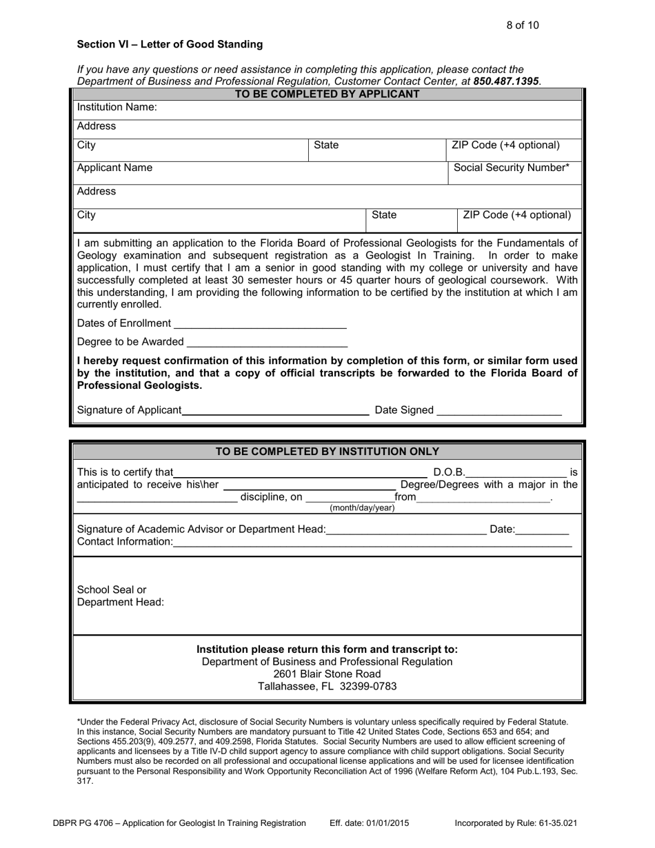 Form DBPR PG4706 Application for Geologist in Training - Florida, Page 8