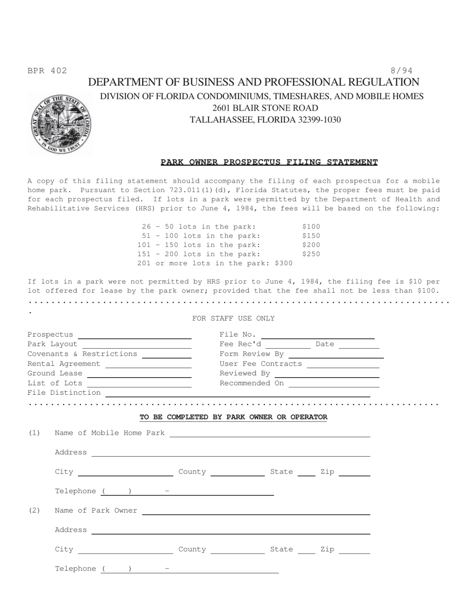 Form BPR402 Park Owner Prospectus Filing Statement - Florida, Page 1