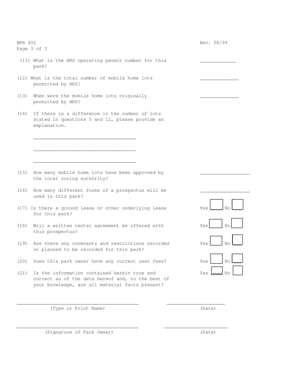 Form BPR402 Park Owner Prospectus Filing Statement - Florida, Page 3