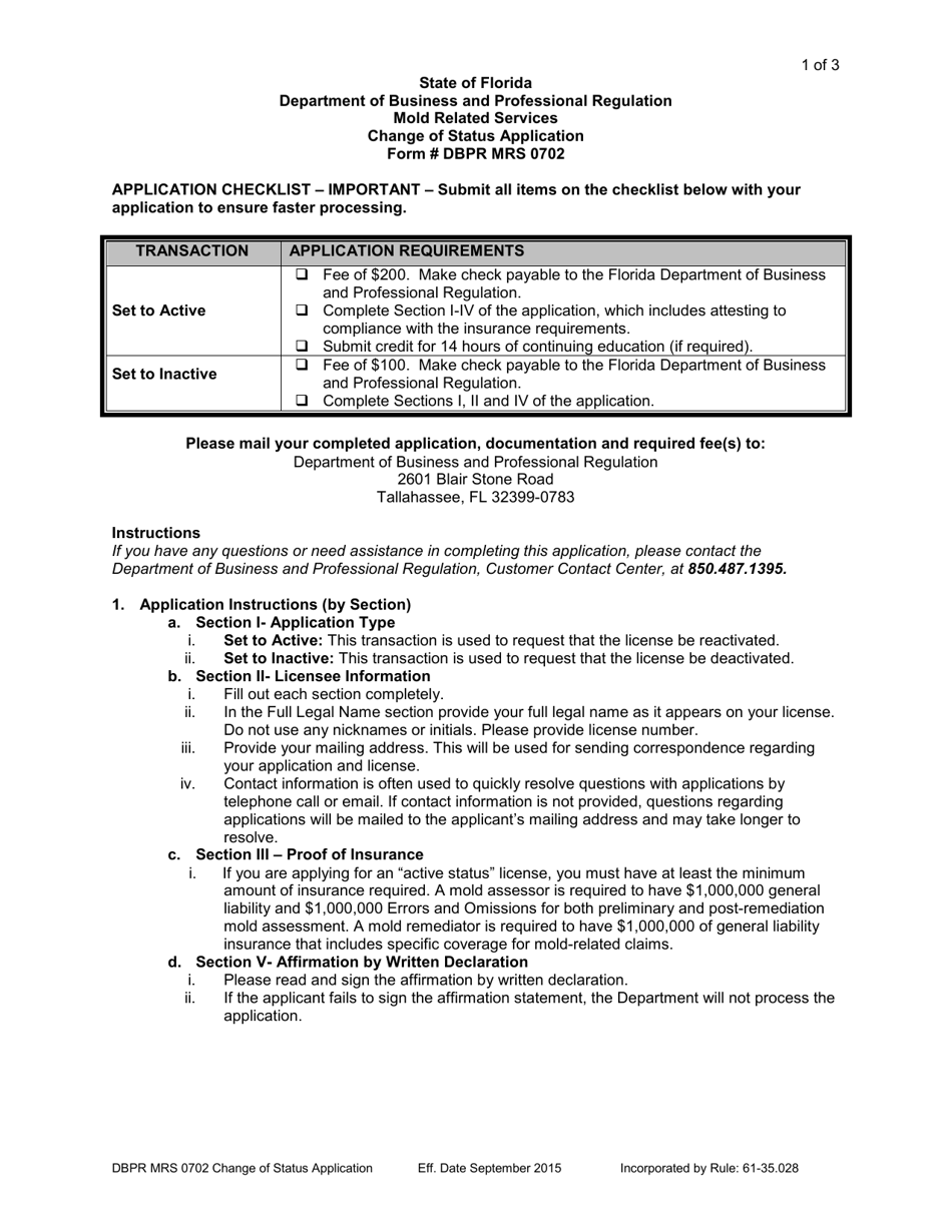 Form DBPR MRS0702 Change of Status Application - Florida, Page 1