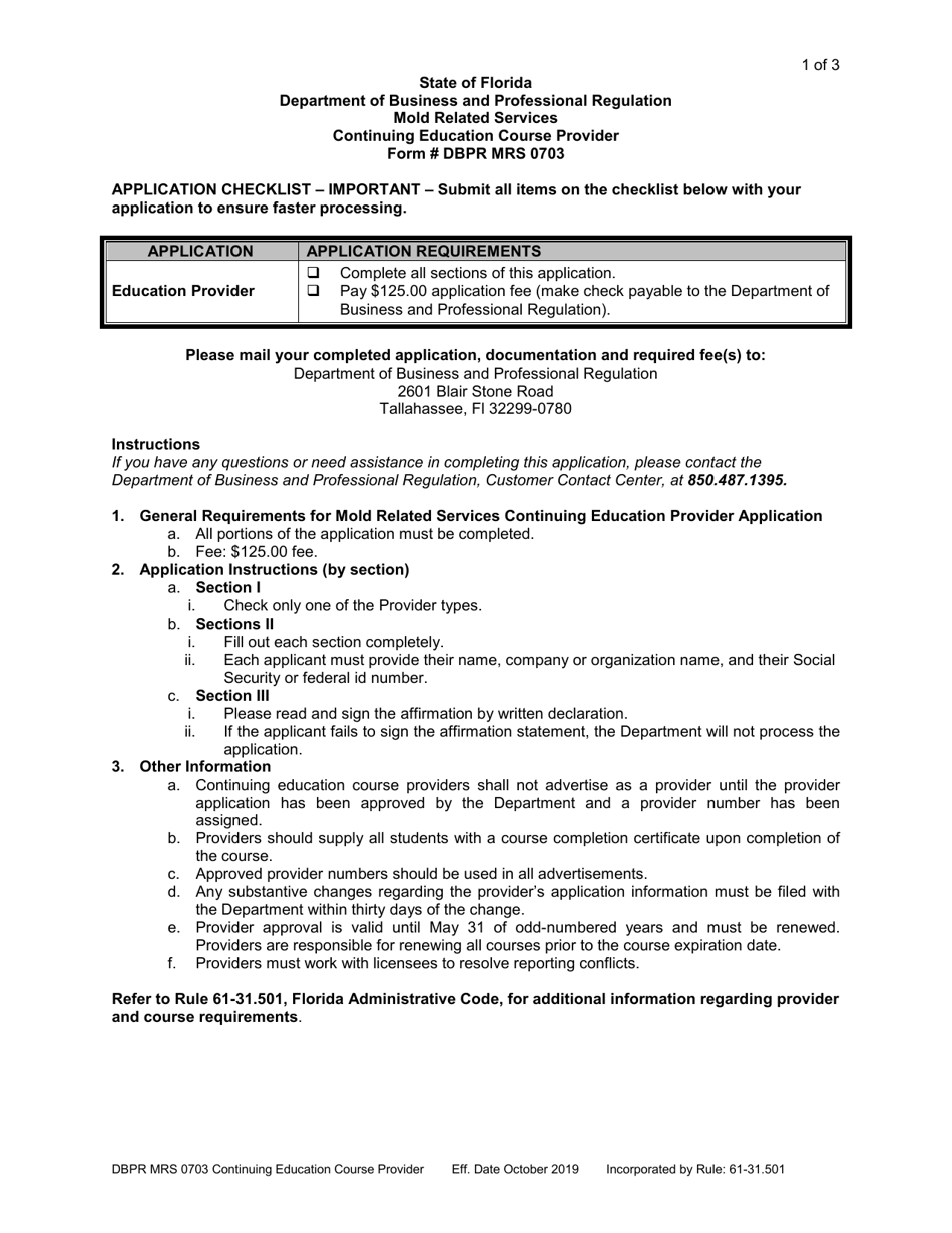 Form DBPR MRS0703 Continuing Education Course Provider - Florida, Page 1