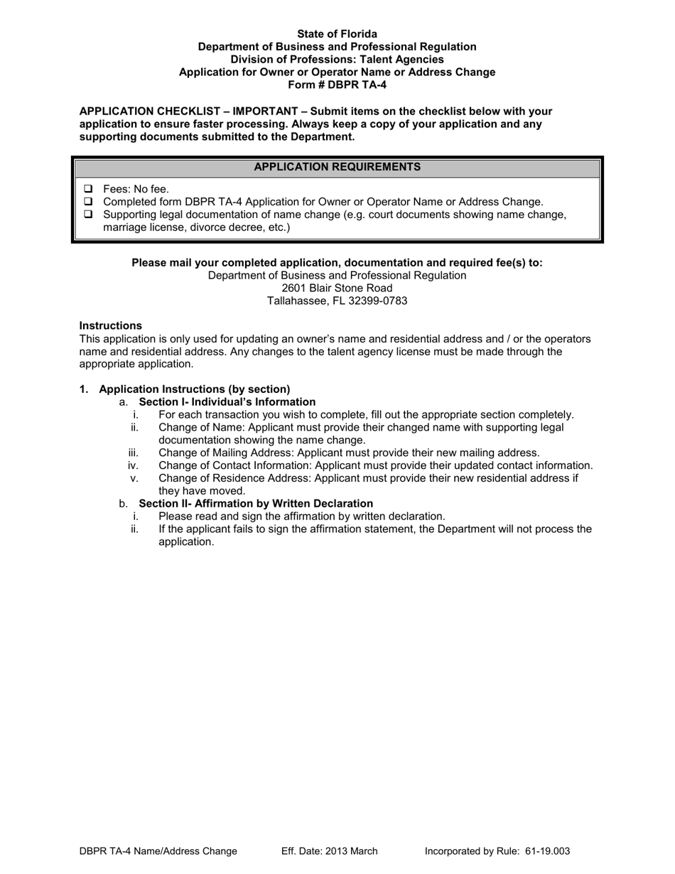 Form DBPR TA-4 Application for Owner or Operator Name or Address Change - Florida, Page 1