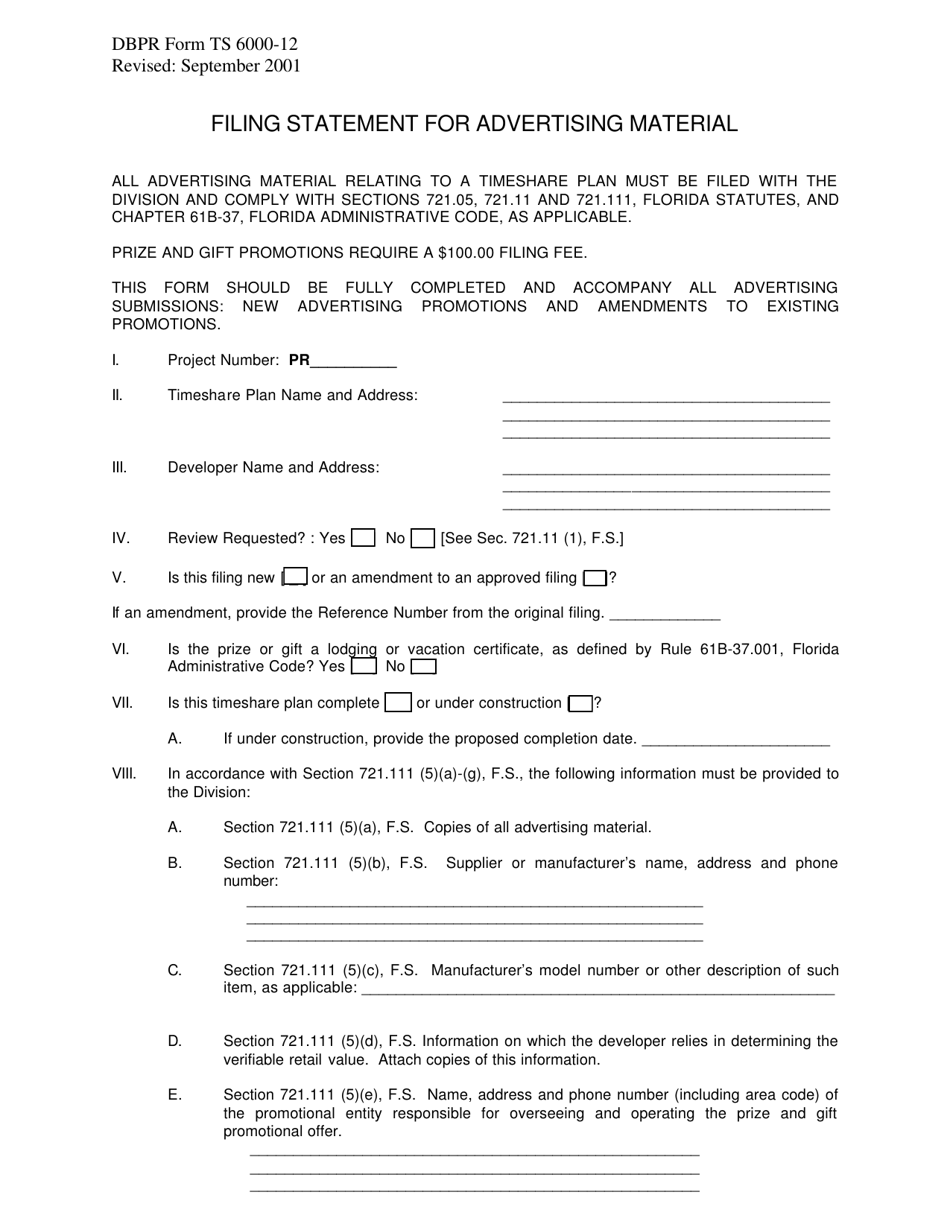 DBPR Form TS6000-12 Filing Statement for Advertising Material - Florida, Page 1