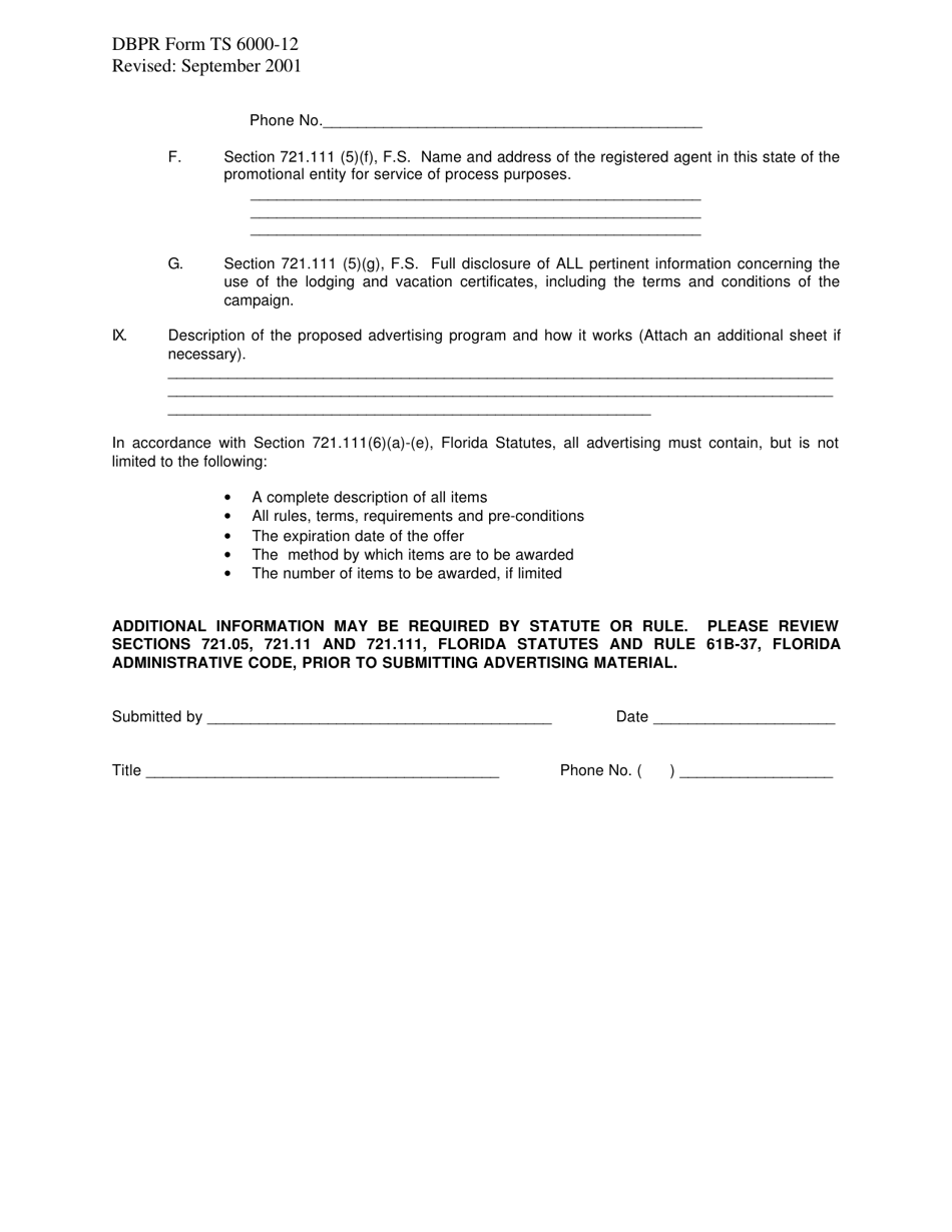 DBPR Form TS6000-12 Filing Statement for Advertising Material - Florida, Page 2