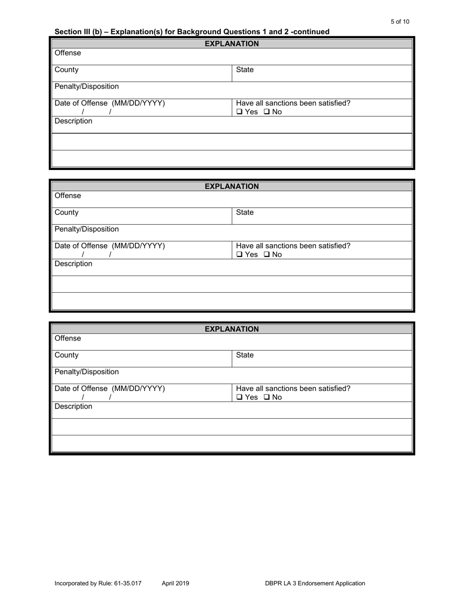 DBPR Form LA3 Application for Licensure: Endorsement - Florida, Page 5