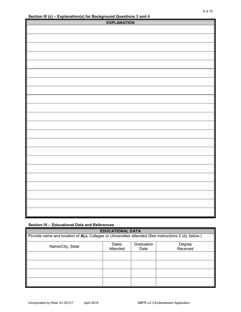 DBPR Form LA3 Application for Licensure: Endorsement - Florida, Page 6