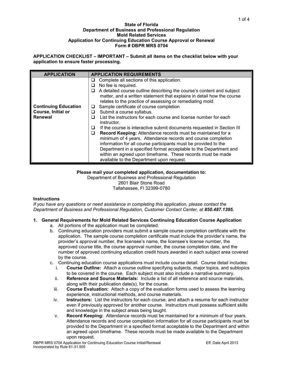 DBPR Form MRS0704 Application for Continuing Education Course Approval or Renewal - Florida, Page 1