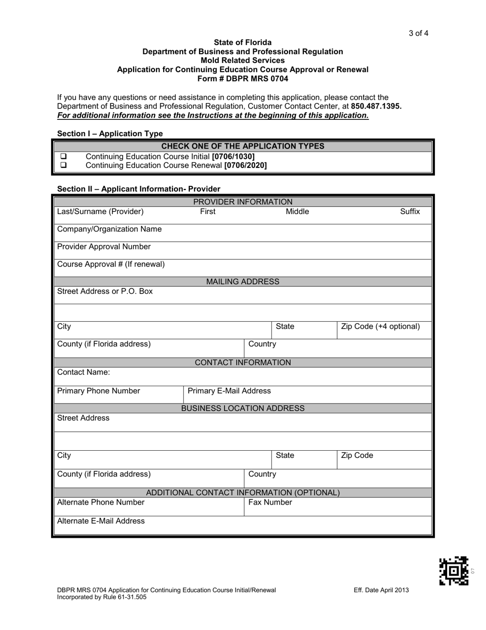 DBPR Form MRS0704 Application for Continuing Education Course Approval or Renewal - Florida, Page 3