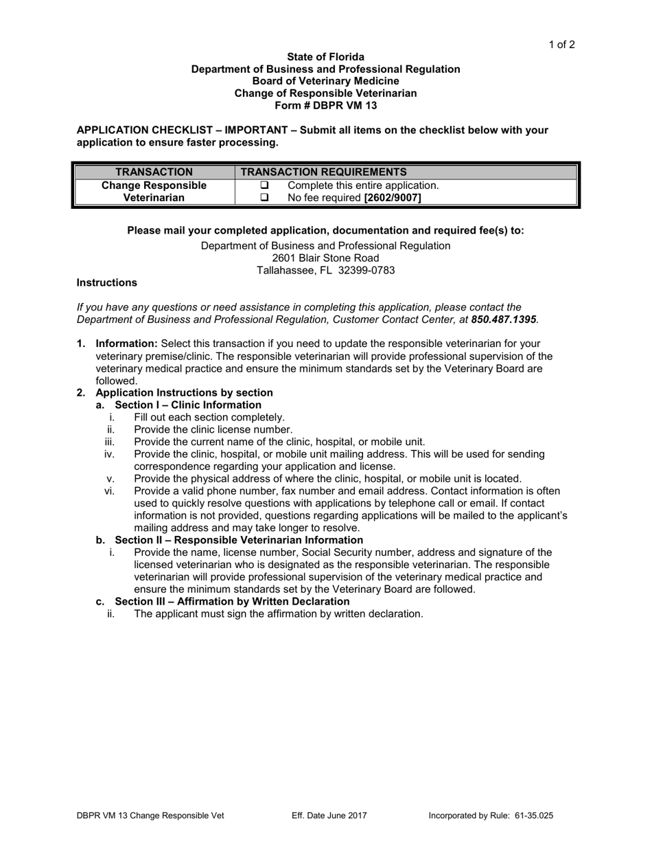 DBPR Form VM13 Change of Responsible Veterinarian - Florida, Page 1