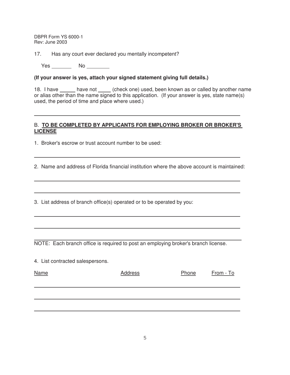 DBPR Form YS6000-1 Application for a Yacht and Ship Employing Broker, Broker or Salespersons License - Florida, Page 5