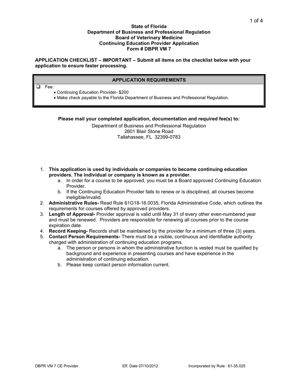 DBPR Form VM7 Continuing Education Provider Application - Florida, Page 1