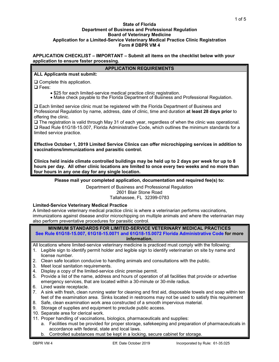 DBPR Form VM4 Application for a Limited-Service Veterinary Medical Practice Clinic Registration - Florida, Page 1