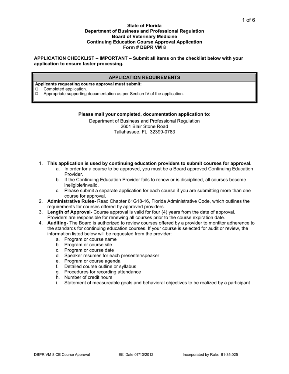 DBPR Form VM8 Continuing Education Course Approval Application - Florida, Page 1