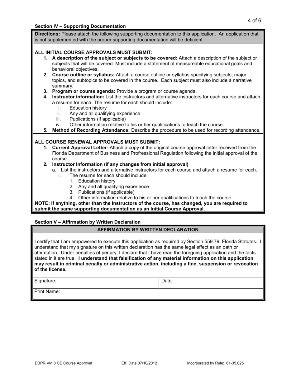 DBPR Form VM8 Continuing Education Course Approval Application - Florida, Page 4
