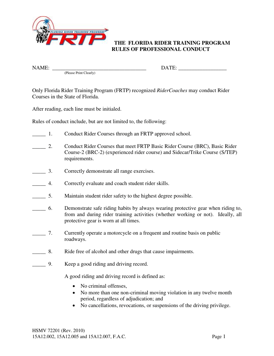Form HSMV72201 The Florida Rider Training Program Rules of Professional Conduct - Florida, Page 1