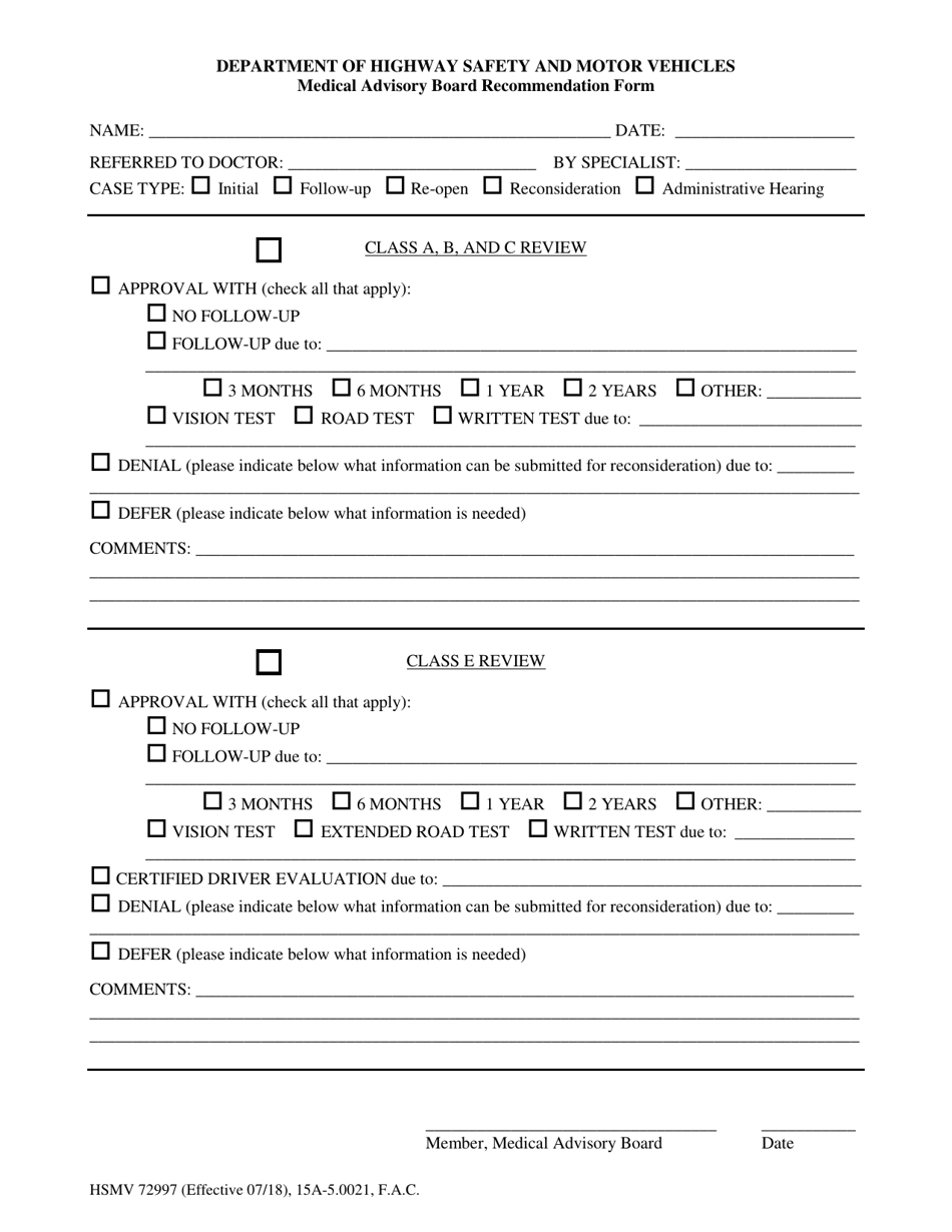 Form HSMV72997 Medical Advisory Board Recommendation Form - Florida, Page 1
