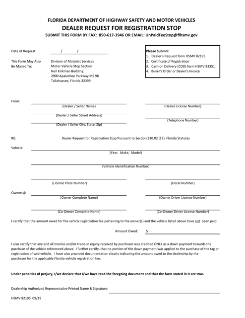 Form HSMV82195 Dealer Request for Registration Stop - Florida