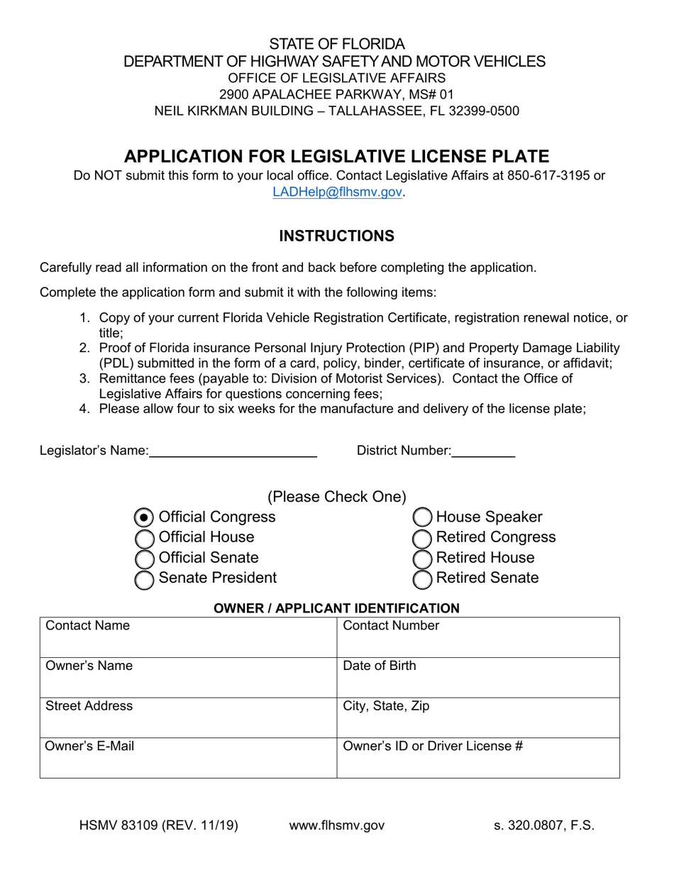 Form HSMV83109 Application for Legislative License Plate - Florida, Page 1