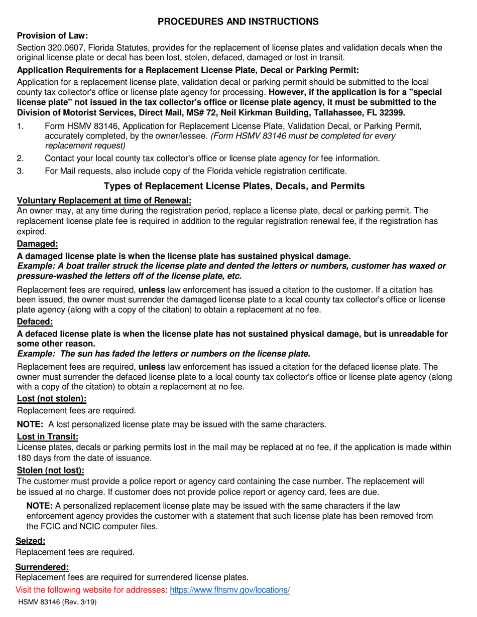 Form HSMV83146 Application for Replacement License Plate, Validation Decal or Parking Permit - Florida, Page 2
