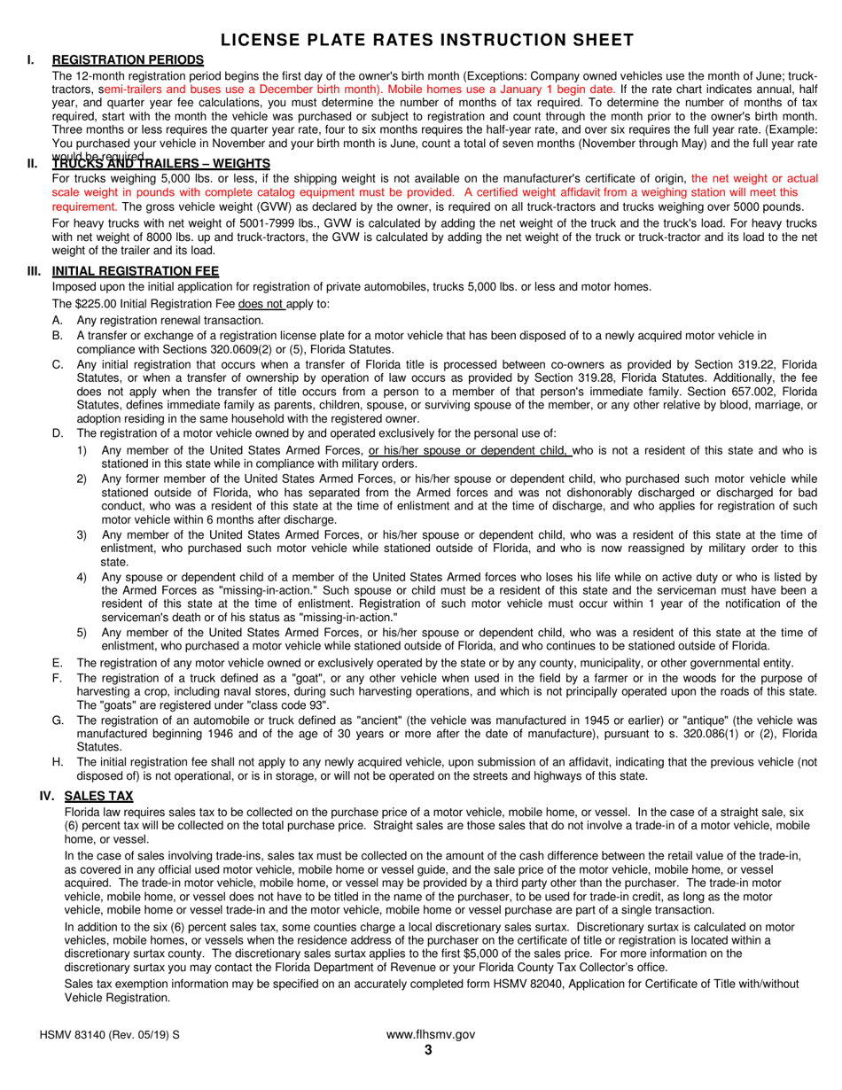 Form HSMV83140 License Plate Rate Chart - Florida, Page 3