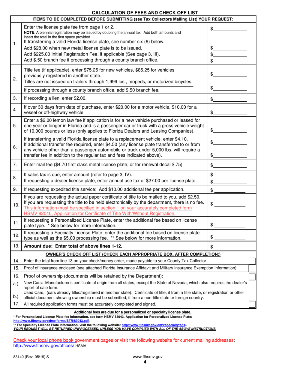 Form HSMV83140 License Plate Rate Chart - Florida, Page 4