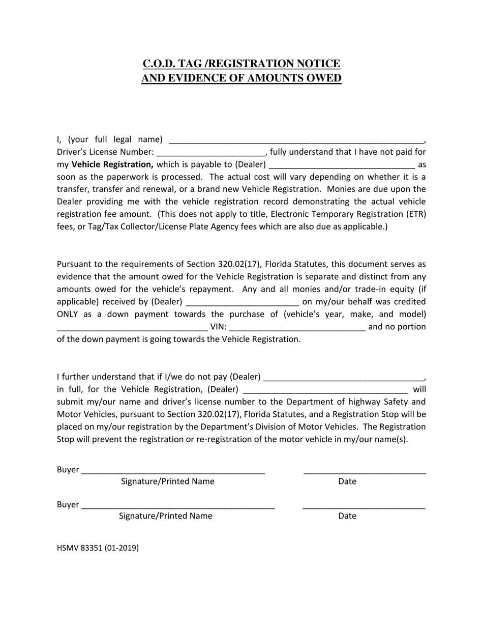Form HSMV83351 C.o.d. Tag / Registration Notice and Evidence of Amounts Owed - Florida, Page 1