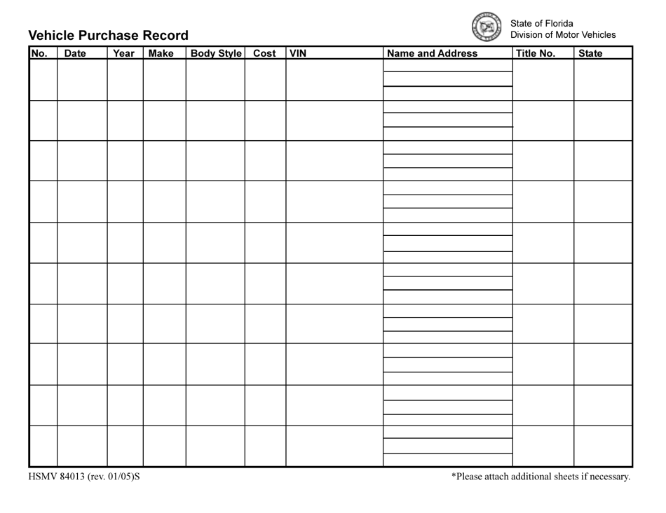Form HSMV84013 Vehicle Purchase Record - Florida, Page 1