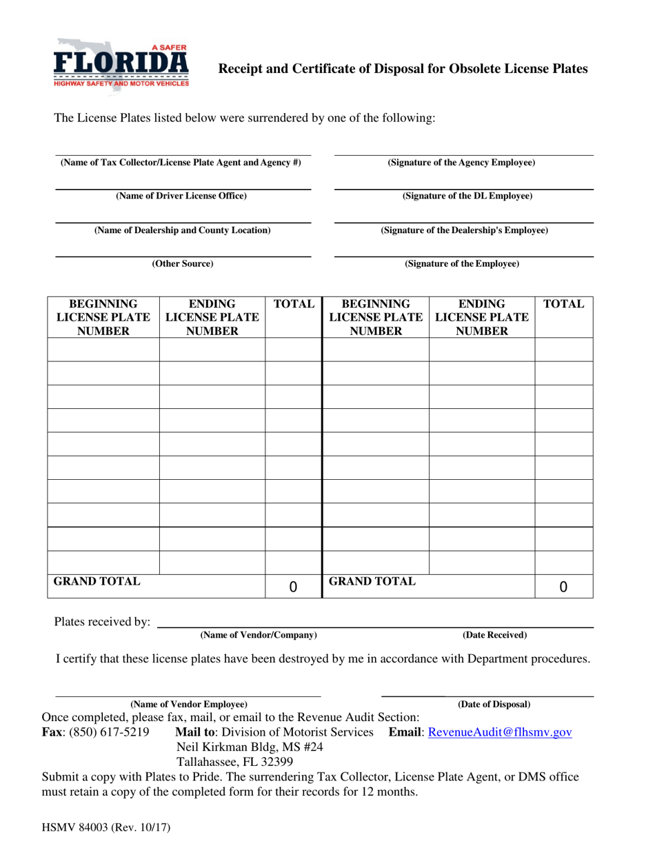 Form HSMV84003 Receipt and Certificate of Disposal for Obsolete License Plates - Florida, Page 1