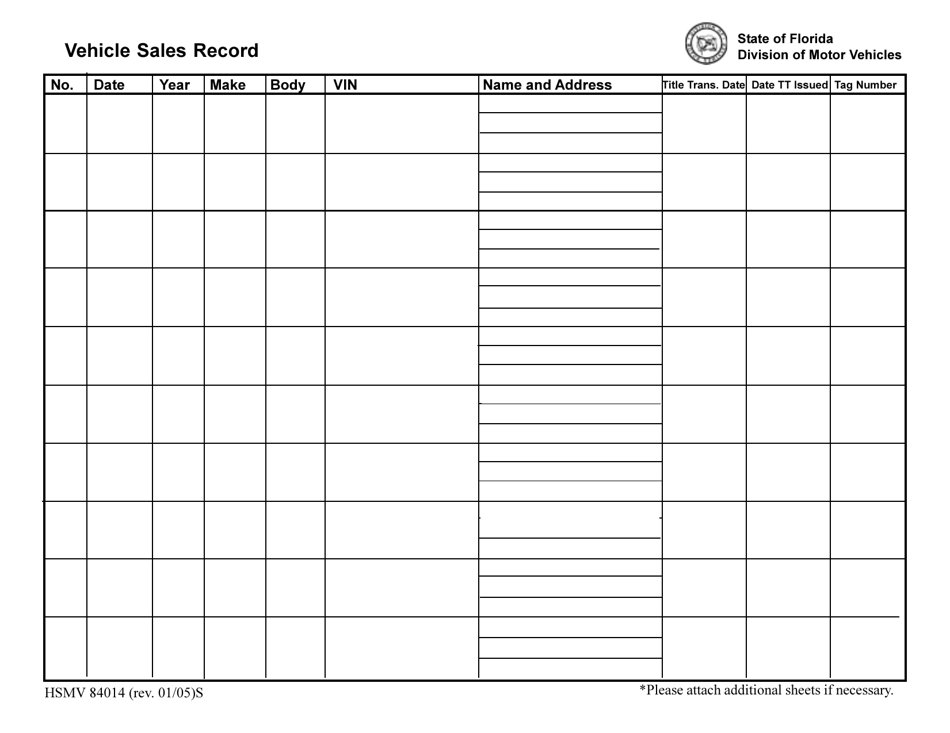 Form HSMV84014 Vehicle Sales Record - Florida, Page 1