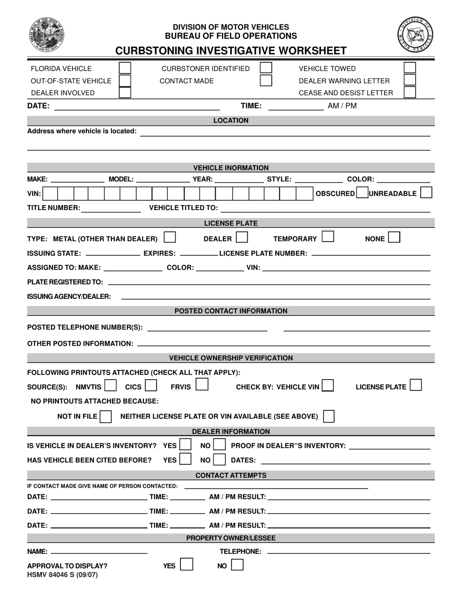 Form HSMV84046 S Curbstoning Investigative Worksheet - Florida, Page 1