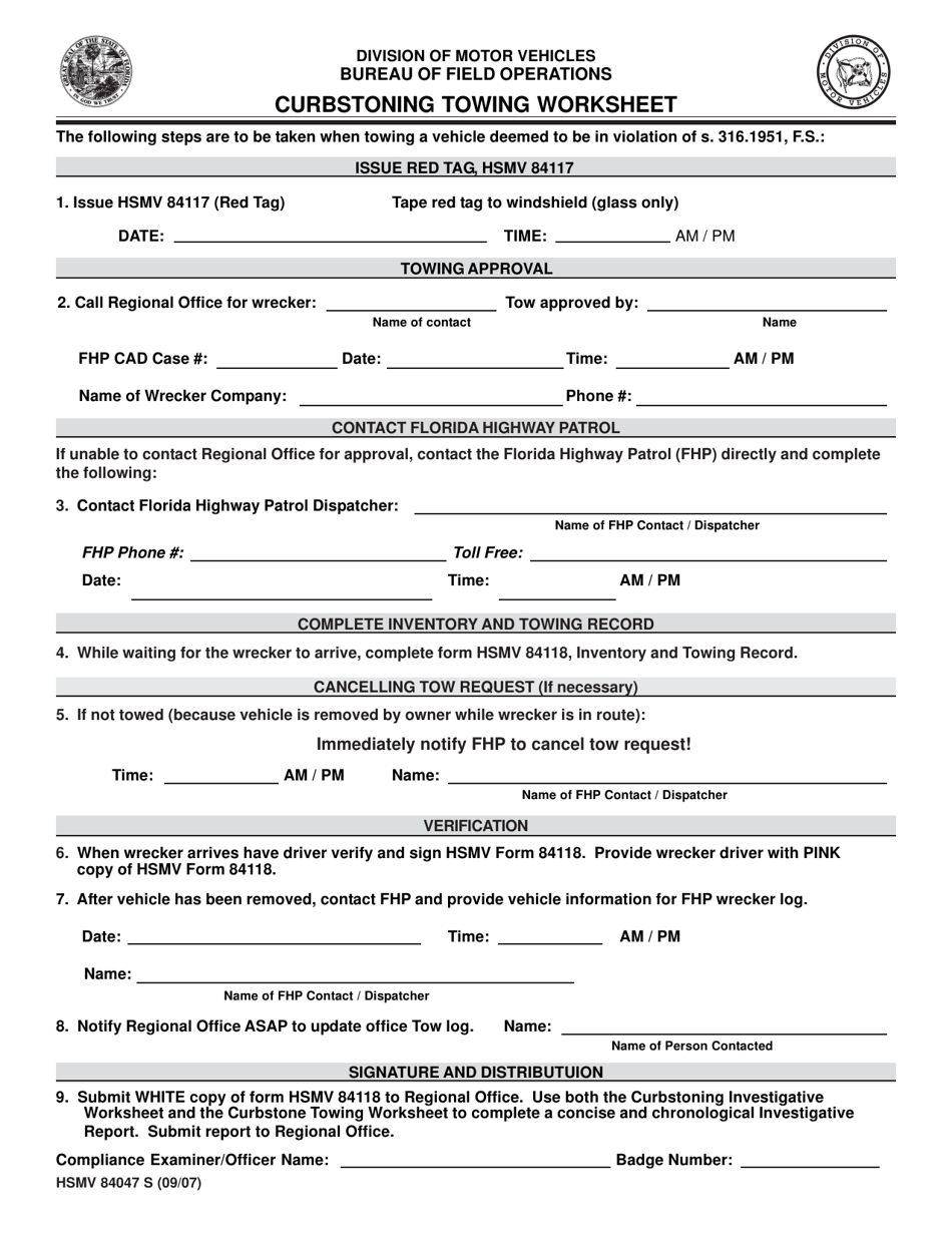 Form HSMV84047 S Curbstoning Towing Worksheet - Florida, Page 1